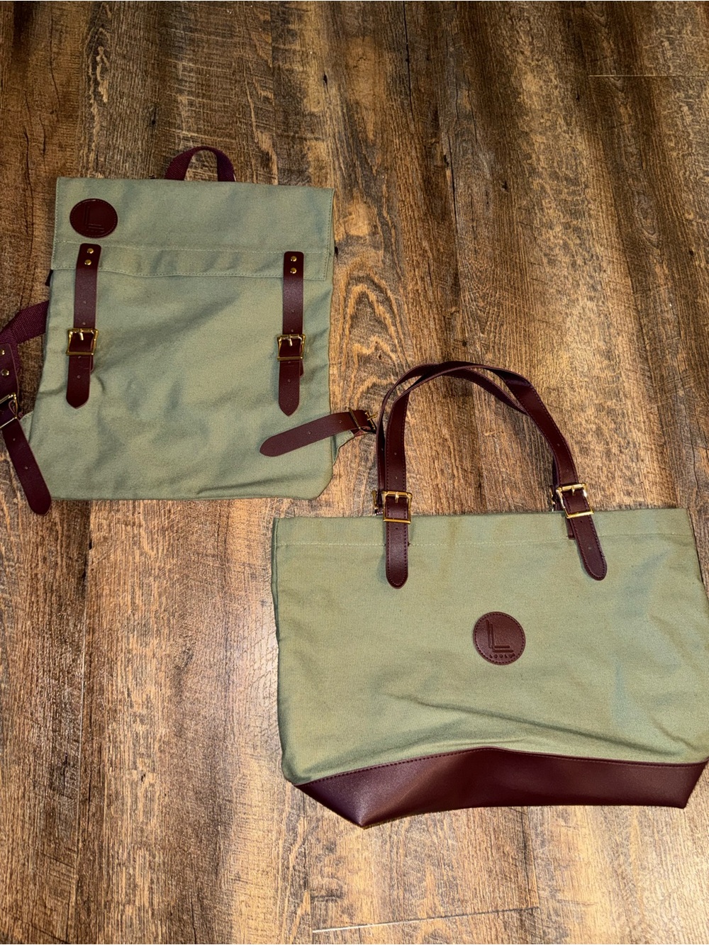 Canvas Tote & Backpack Set in Olive Green with Brown Trim